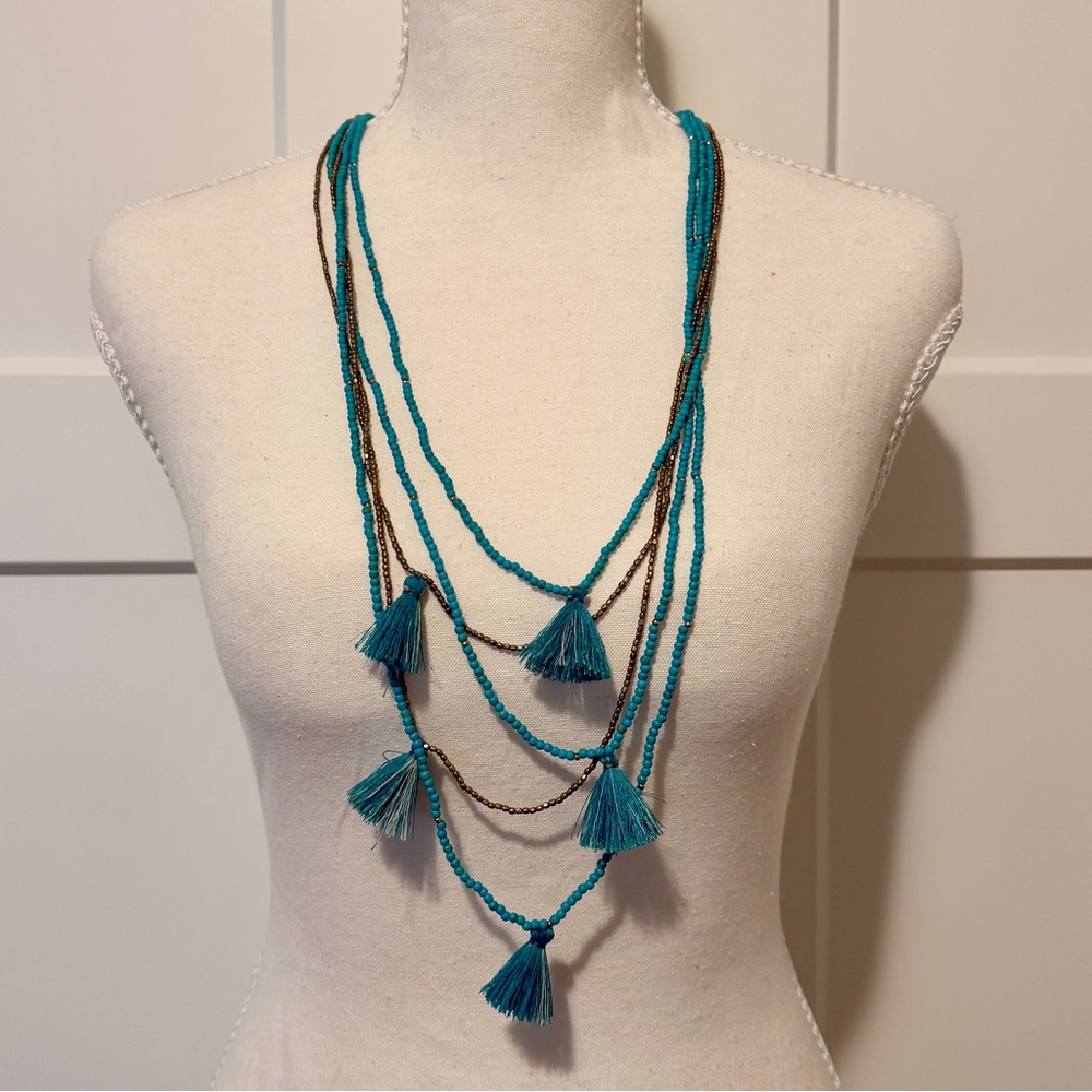 Multi-Strand Turquoise Colored Beaded Tassel Necklace Adjustable Pull Cord